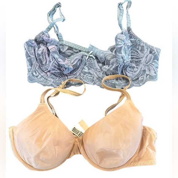 Victoria’s Secret Vintage Blue Lace \ Nude Lightly Padded 2Pc Bra Lot  34C - Picture 1 of 2